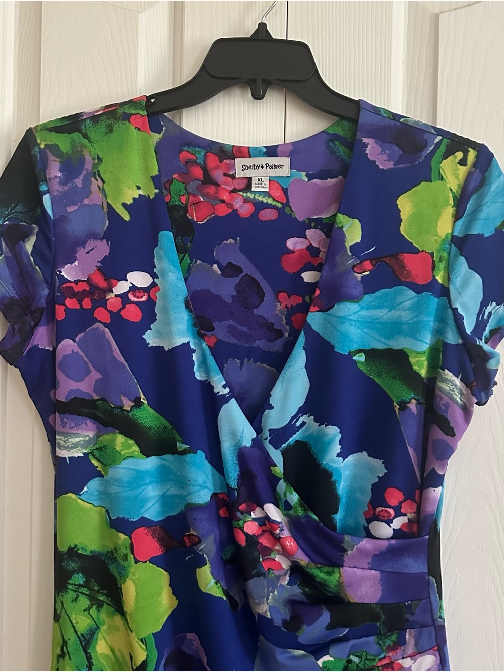 Shelby & Palmer Dress Purple Pink Blue Floral Cap Sleeve Faux Wrap Ruched XL - Picture 11 of 15